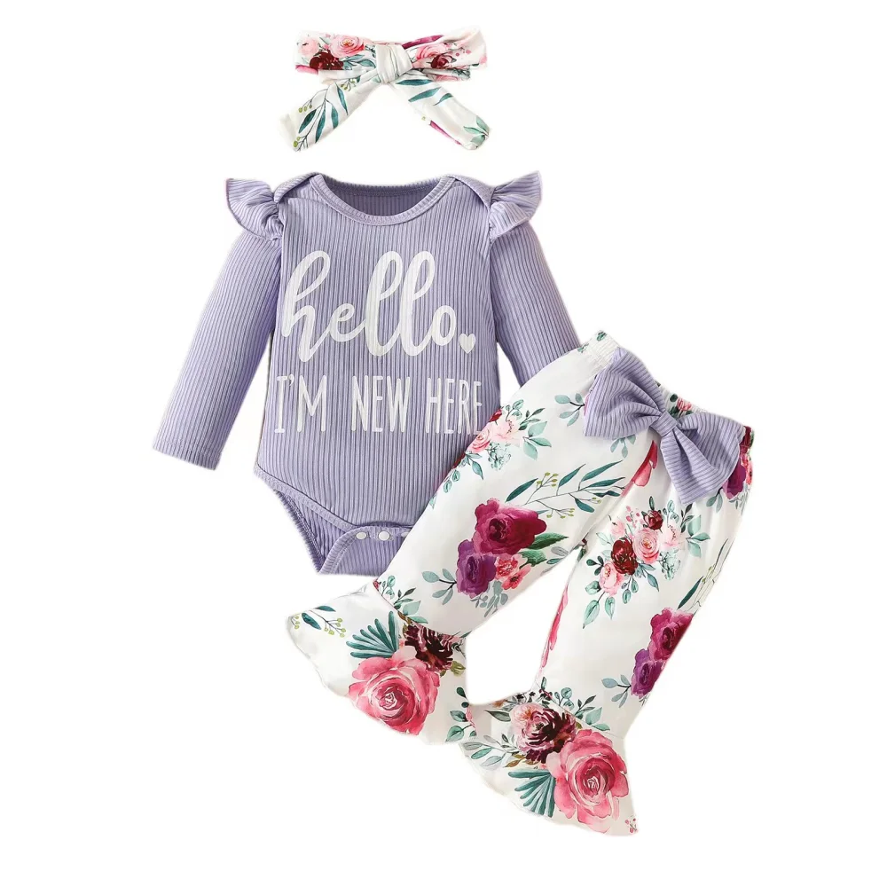 Girl Letter Print Long Sleeve Romper + Flower Flare Pants + Headband