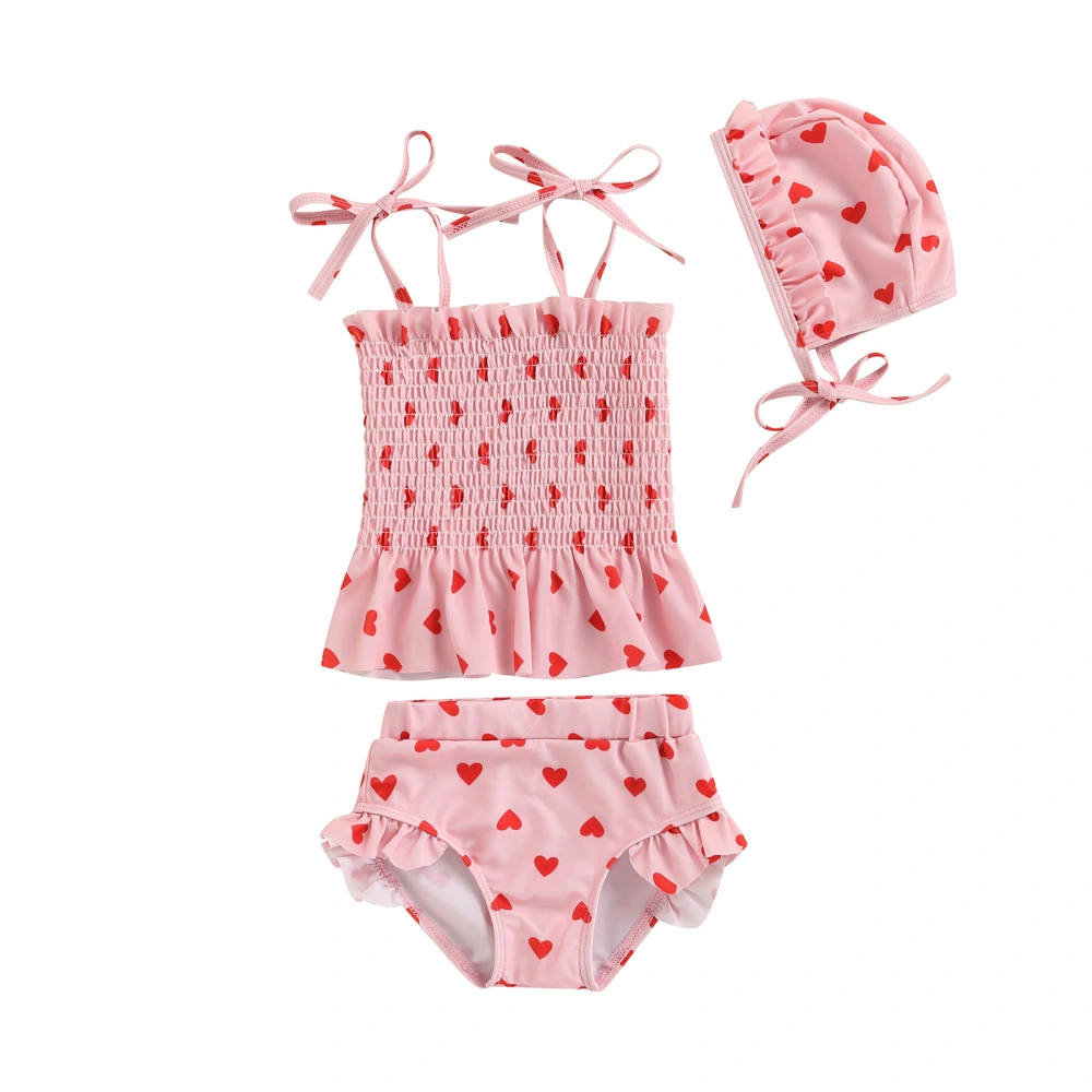 3Pcs Baby Girls Swimwear, Heart Print Frilly Tank Tops + Shorts + Hat