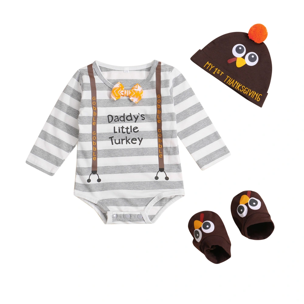 Baby First Thanksgiving Outfits, Striped Rompers + Turkey Hat + Socks