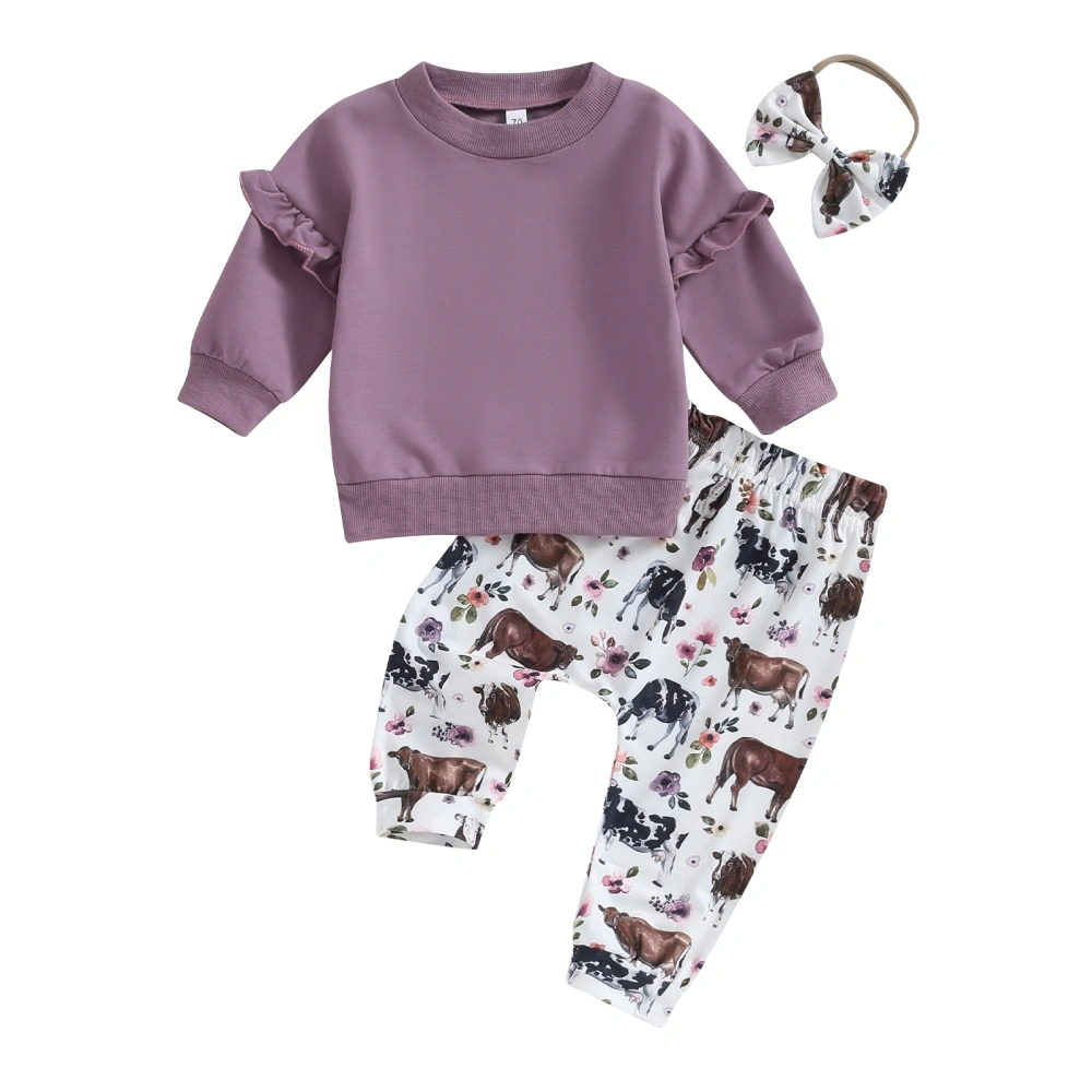 Baby Girl Fall Outfits Ruffle Sweatshirt + Cow Print Pants + Headband