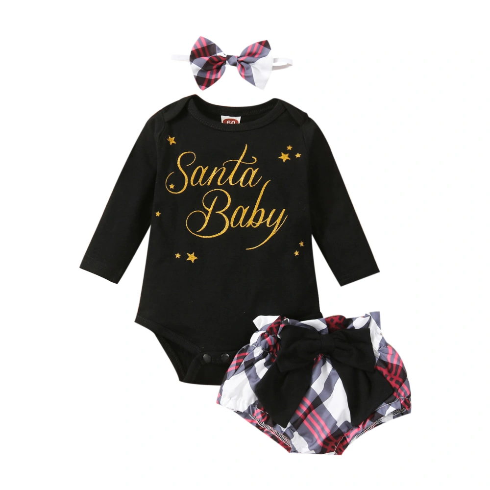 Baby Girls Clothes Set, Black Romper, Plaid Print Shorts and Headdress