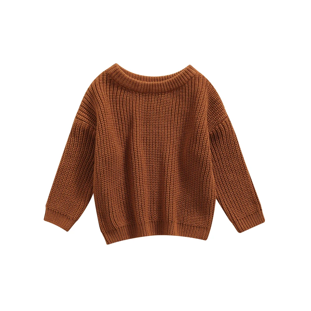 Baby Solid Color O-neck Sweater, Loose Long Sleeve Knitted Pullover