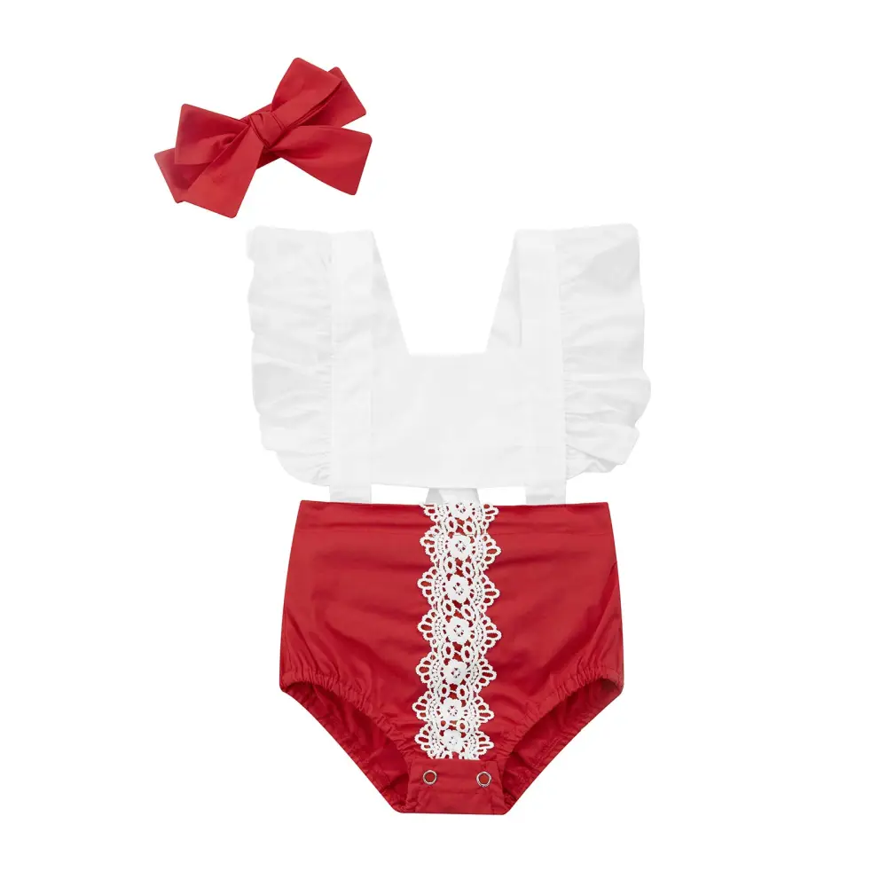 Baby Girls Summer Ruffle Sleeve Patchwork Playsuit + Red Headband