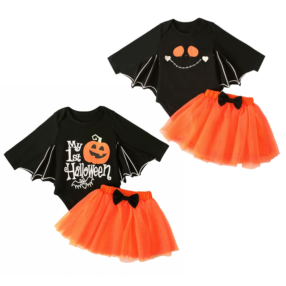 Baby Girls Halloween Outfits, Pumpkin Batwing Sleeves Romper + Skirt