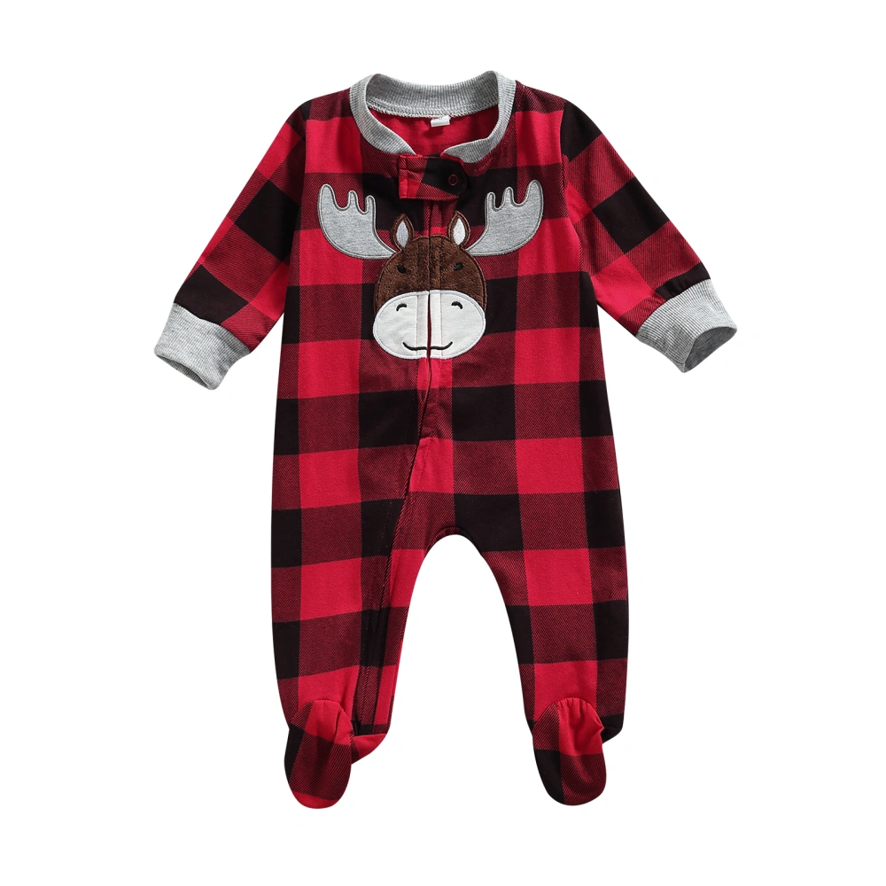 Christmas Plaid Deer Embroidered Pattern Long Sleeve Footed Romper