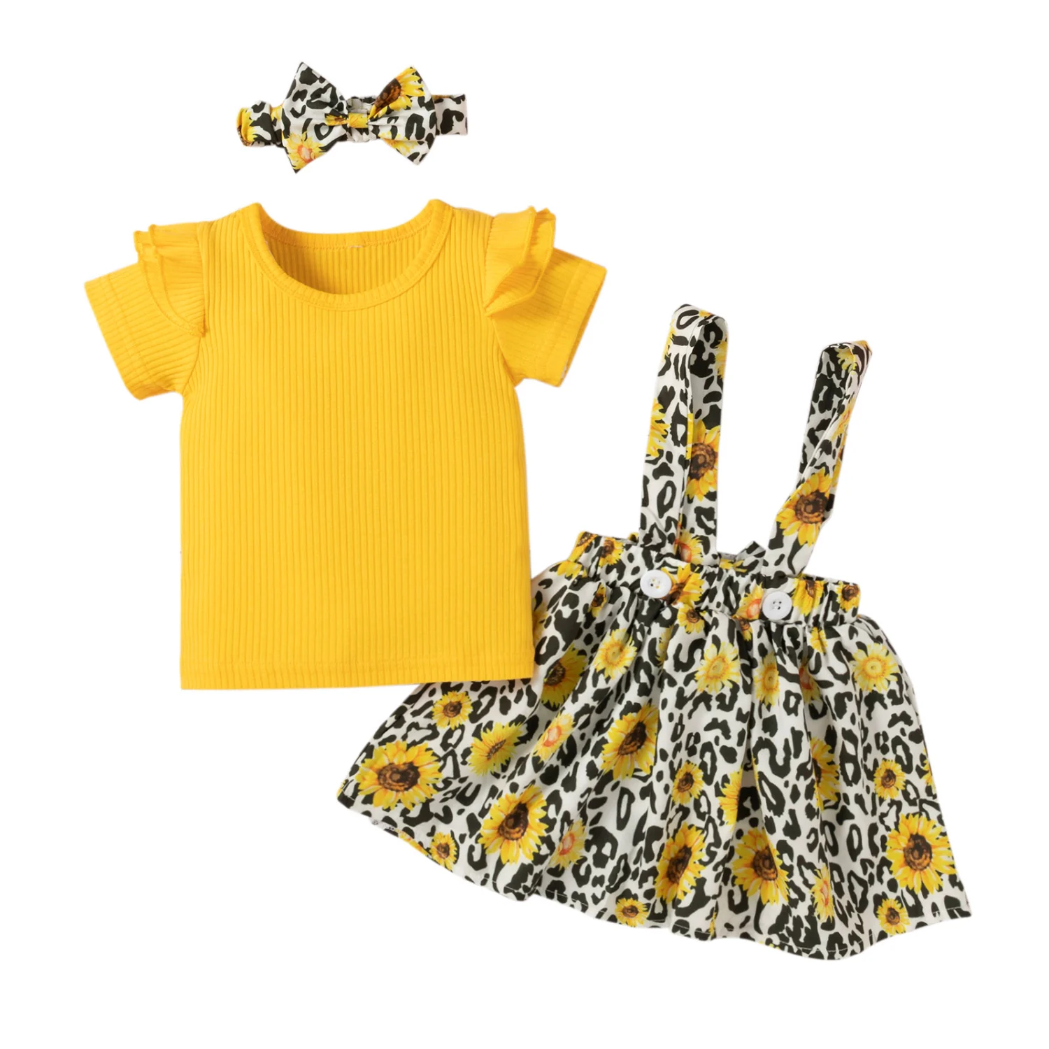 Baby Girl Outfits Solid Color T-shirt Print Suspender Skirt Headband