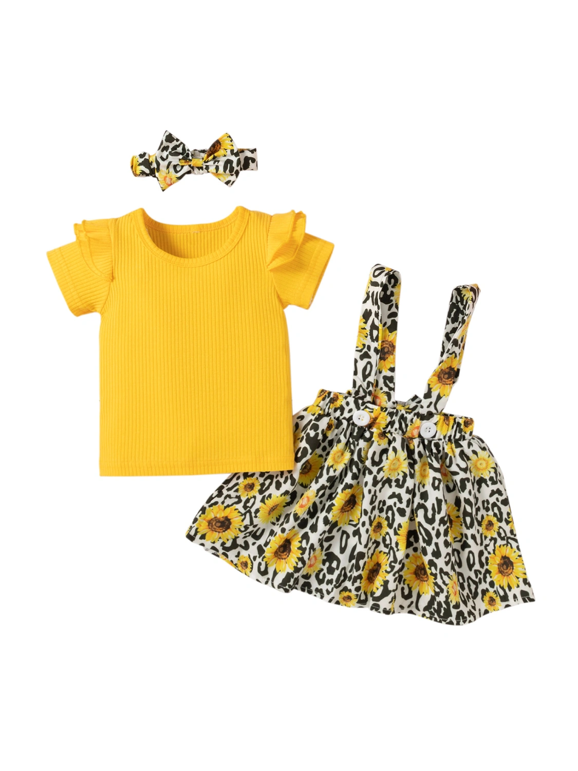 Baby Girl Outfits Solid Color T-shirt Print Suspender Skirt Headband