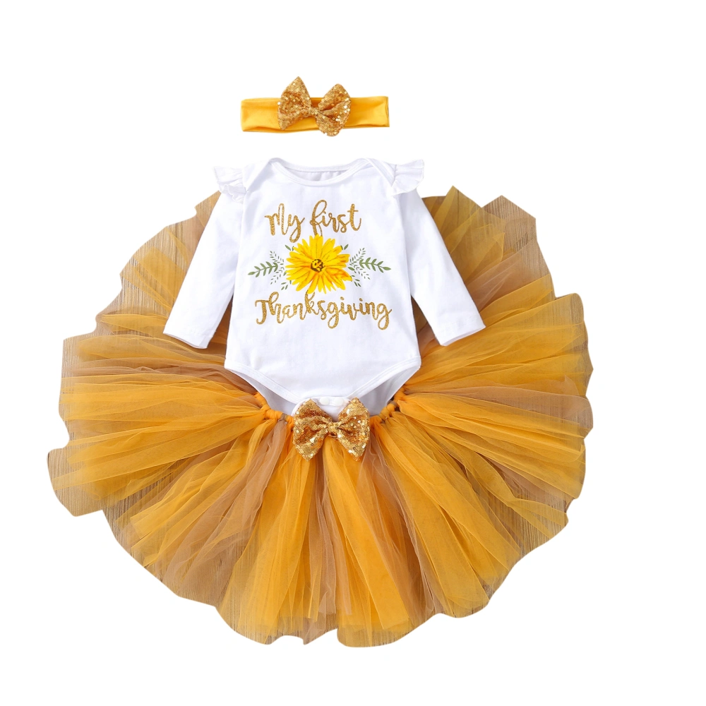 Thanksgiving Day Letter Print Playsuit + Tulle Skirt + Headband