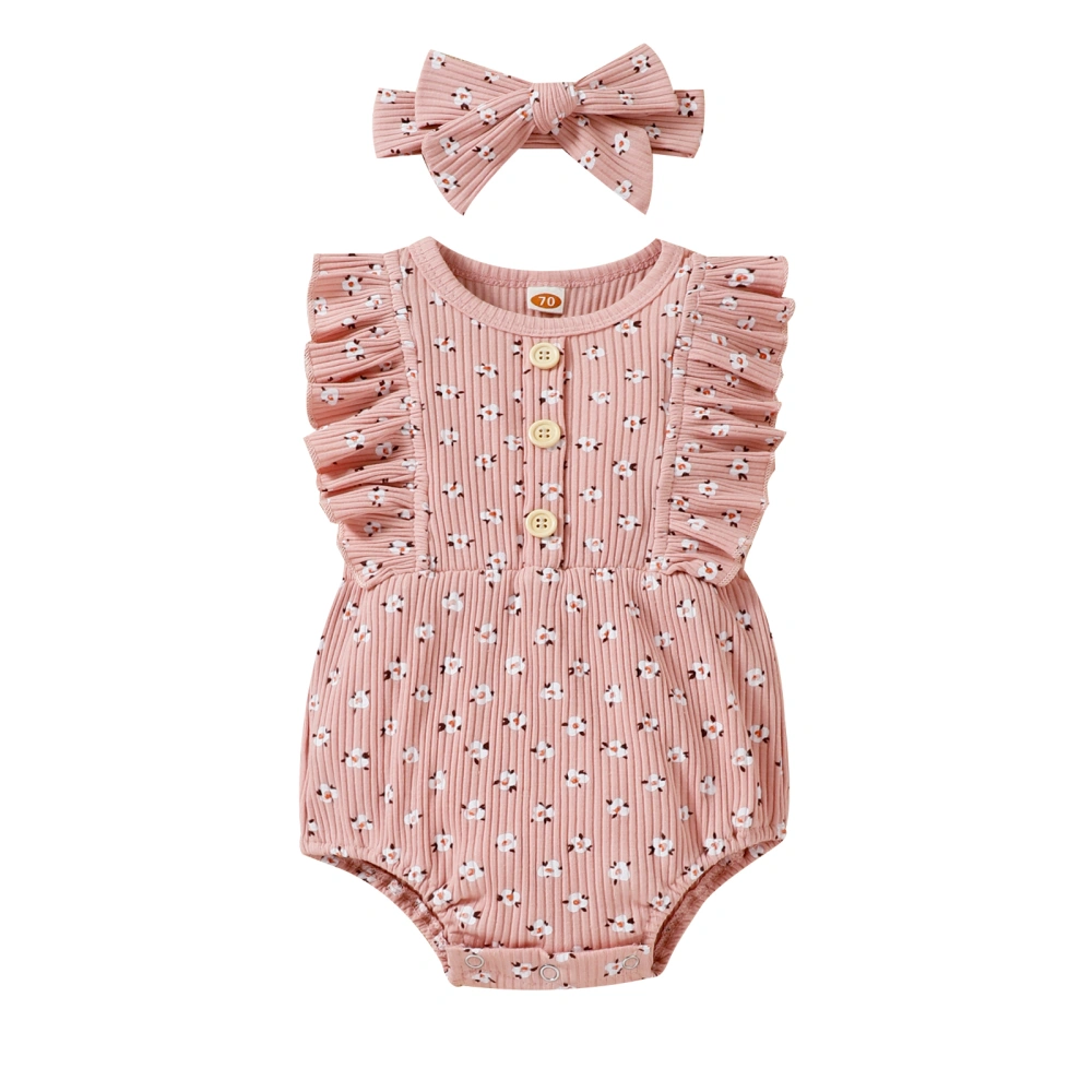 Infant Baby Ruffled Jumpsuit, Ribbed Floral Bodysuit with Hairband