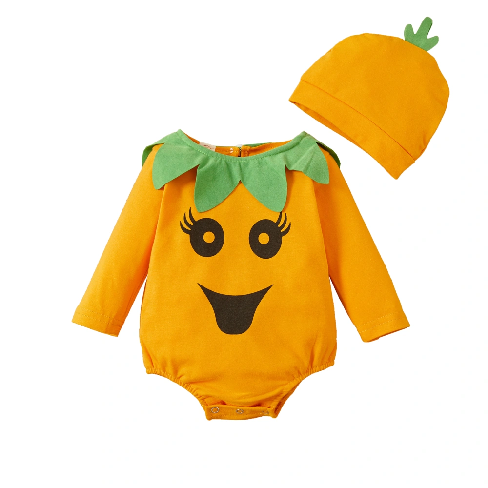 Halloween Emoticon Print Long Sleeve Round Neck Playsuit + Hat