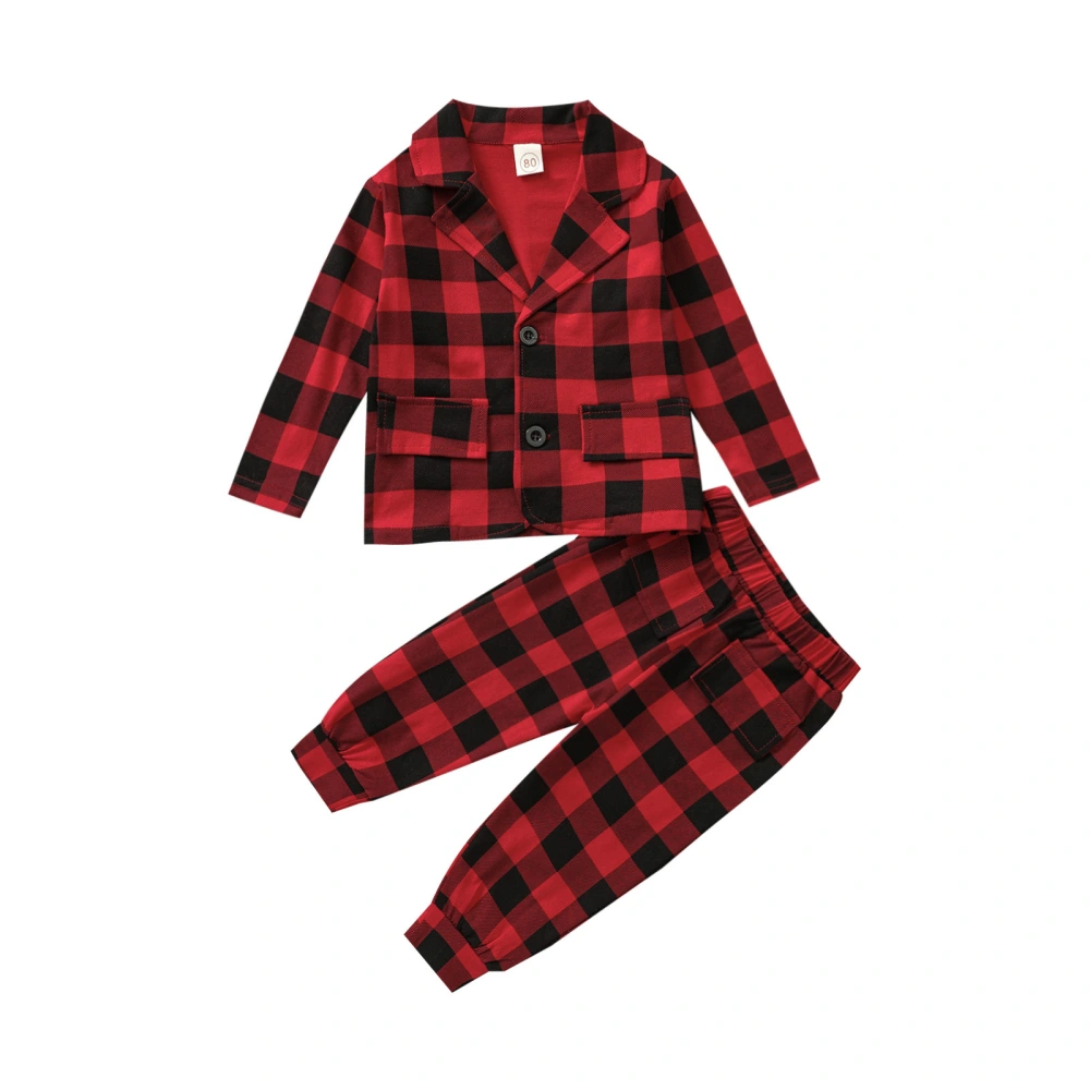 Children Plaid Print Clothes Set, Long Sleeve Button-up Tops+Trousers