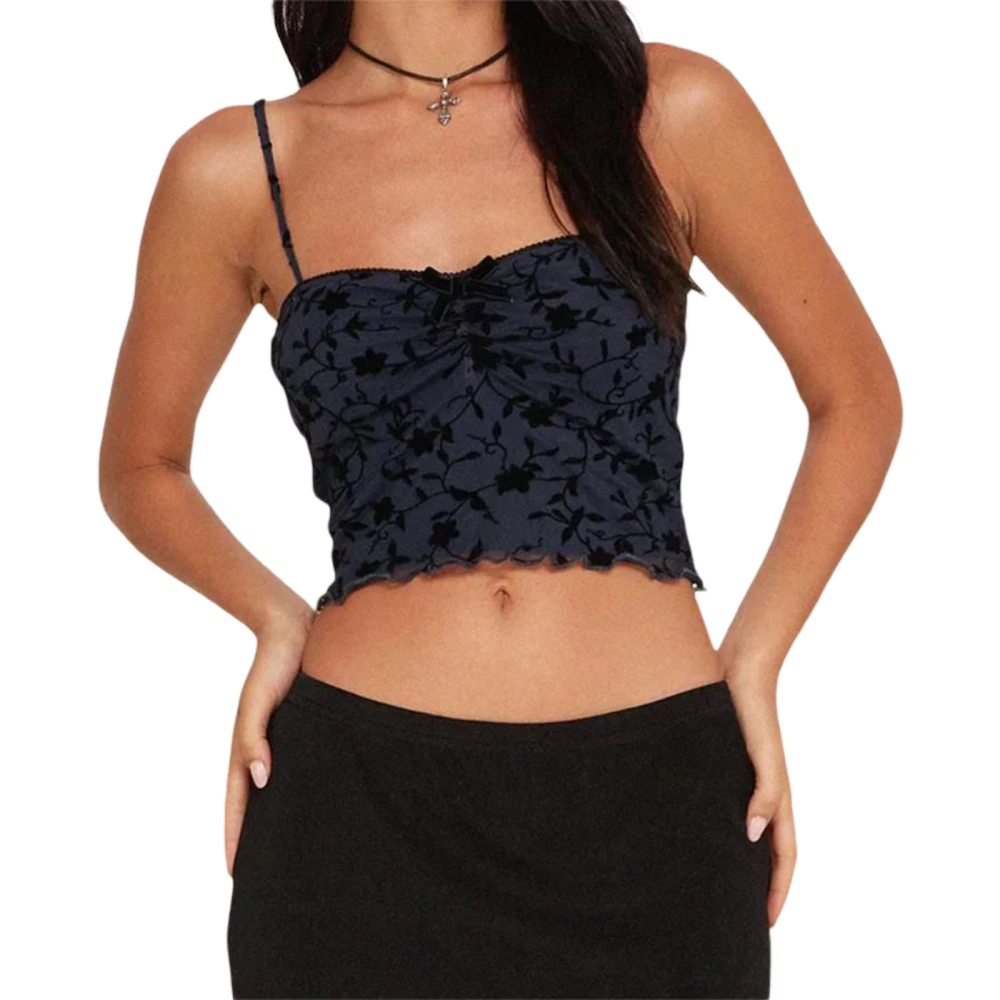 Women Basic Mesh Camisole Double Layer Floral Sleeveless Crop Tops