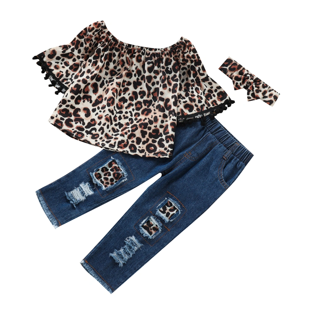 Baby Leopard Print Clothes Set, Off-shoulder Tops+Ripped Pant+Headband