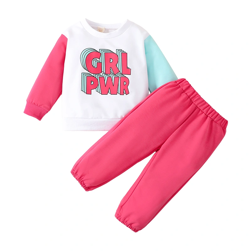 Girls Pink Round Neck Patchwork Letters Print Sweatshirt and Trousers