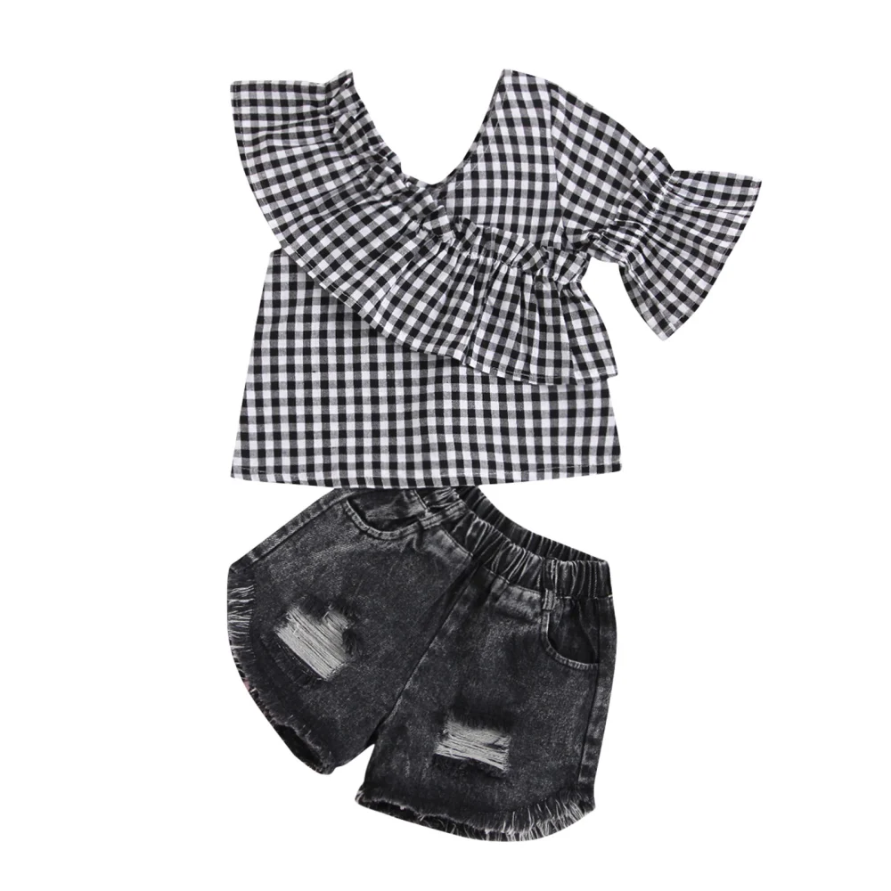 Kids Suit Set, Plaid V-Neck Short Sleeve Pullover+ Ripped Short Pants