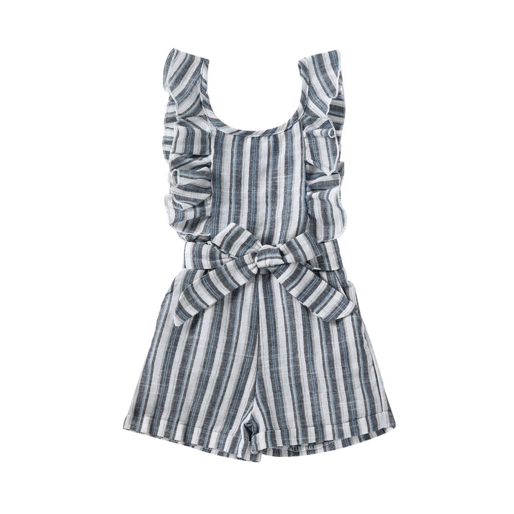 Girls Playsuit and Waistband, Stripe Print U-neck Sleeveless Overalls