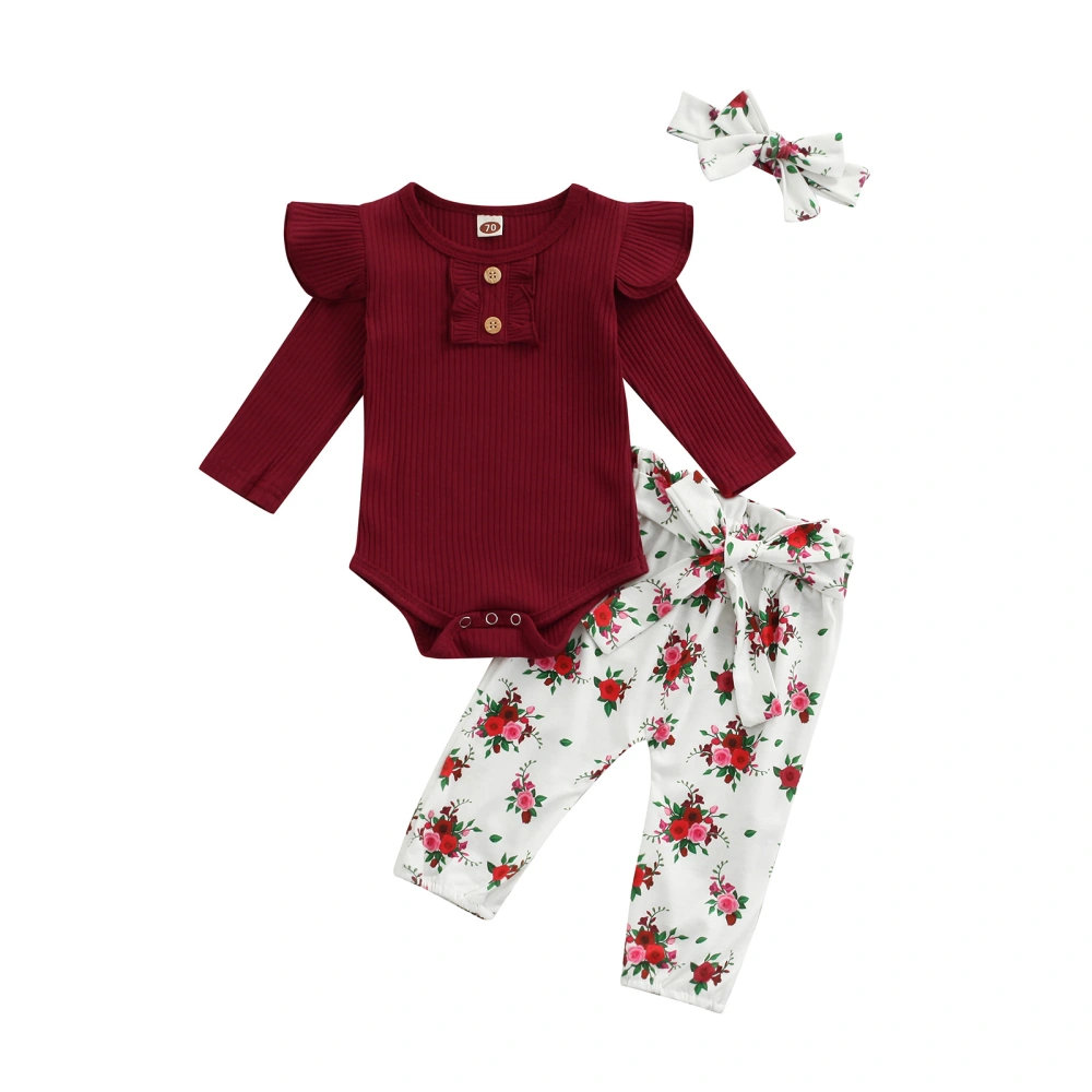 Ribbed Fly Sleeve Playsuit + Flower Print Bow Trousers + Headband