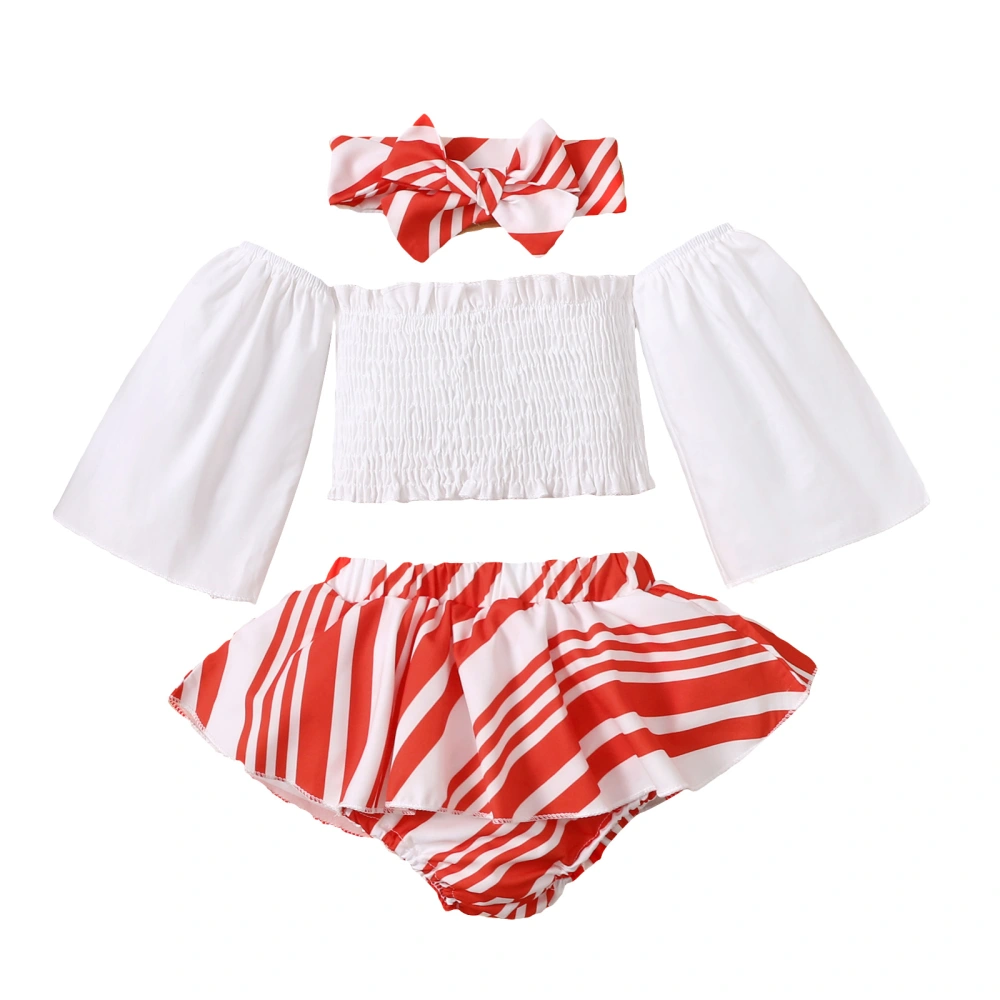 Christmas Off-the-shoulder Smocked Pullover + Striped Skirt + Headband