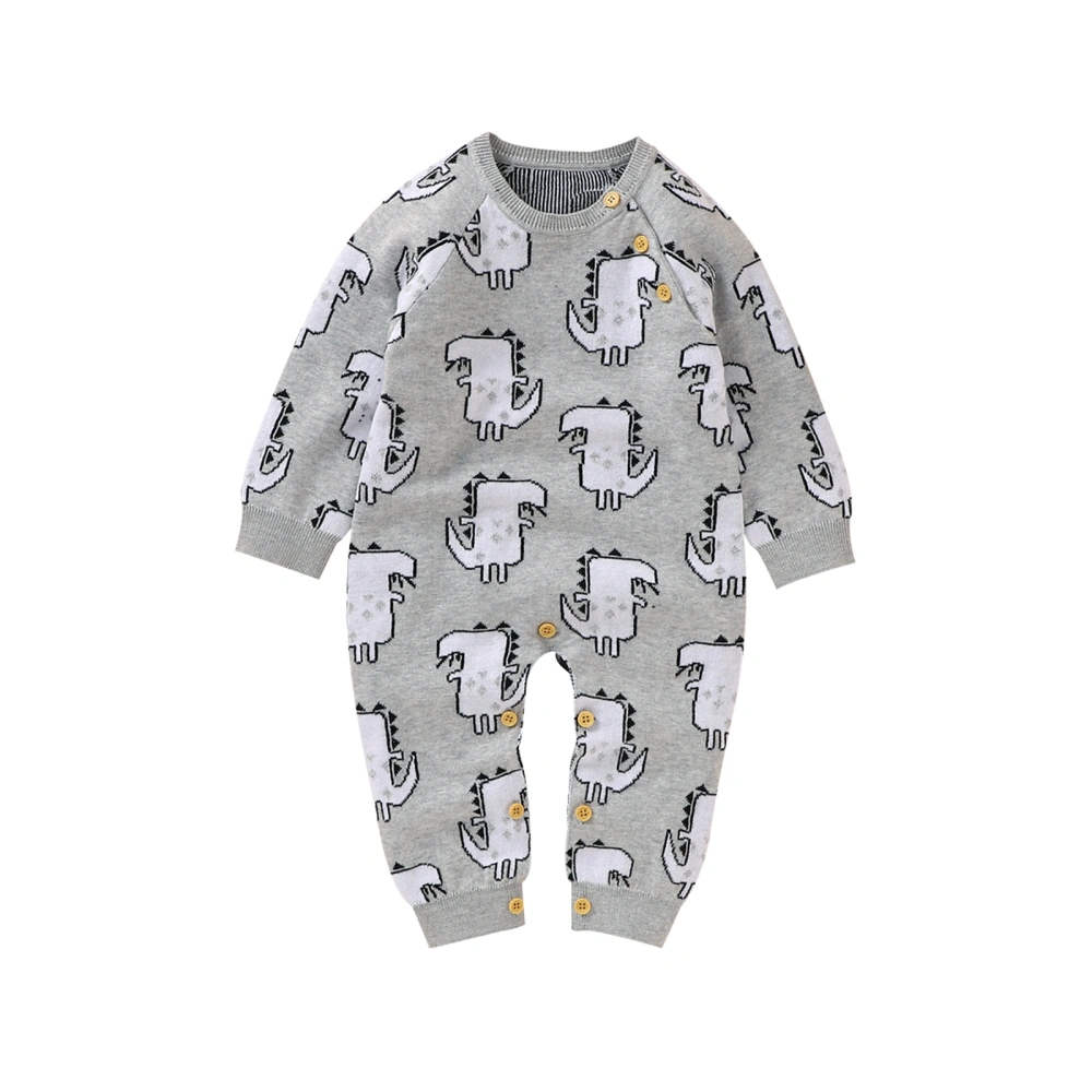 Baby’s Dinosaur Jacquard Button Round Neck Long Sleeve Jumpsuit