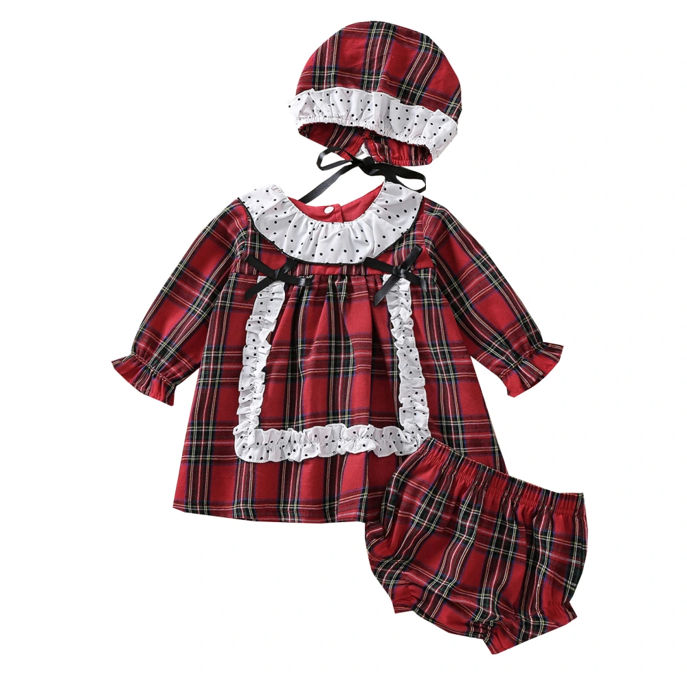 Plaid & Dot Print Ruffle Pullover/Dress with Bowknot, Shorts, Hat