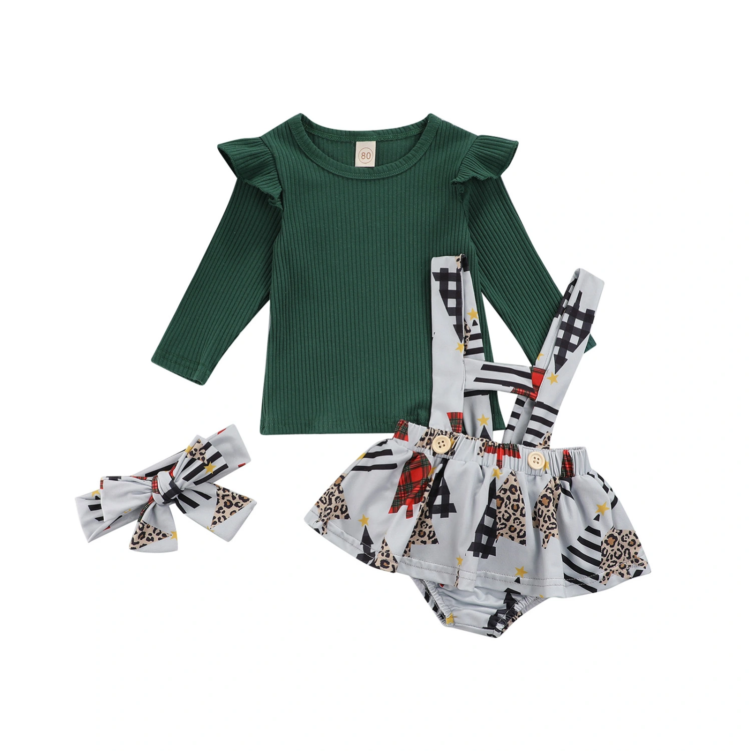 3Pcs Baby Christmas Outfits, Knit Tops + Suspender Skirt + Headband