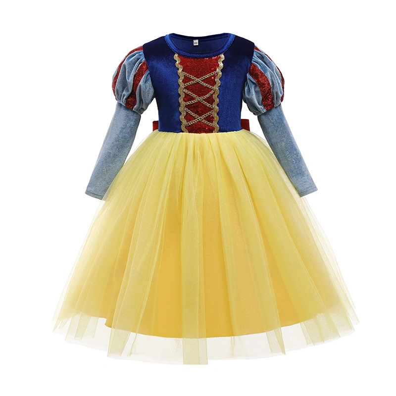 Women Princess Dress, Blue Patchwork Long Puff Sleeves Layered Skirt