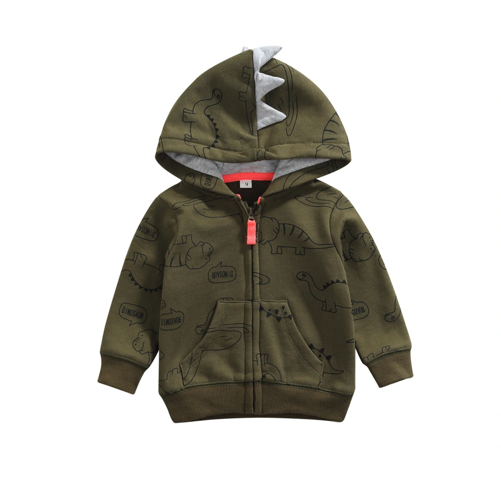 Boys Coat, Dark Green Dinosaur Printed Pattern Hooded Jacket