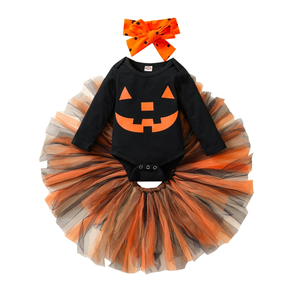 Baby Girl Clothes Set, Pumpkin Print Romper+Tulle Skirt+Headband