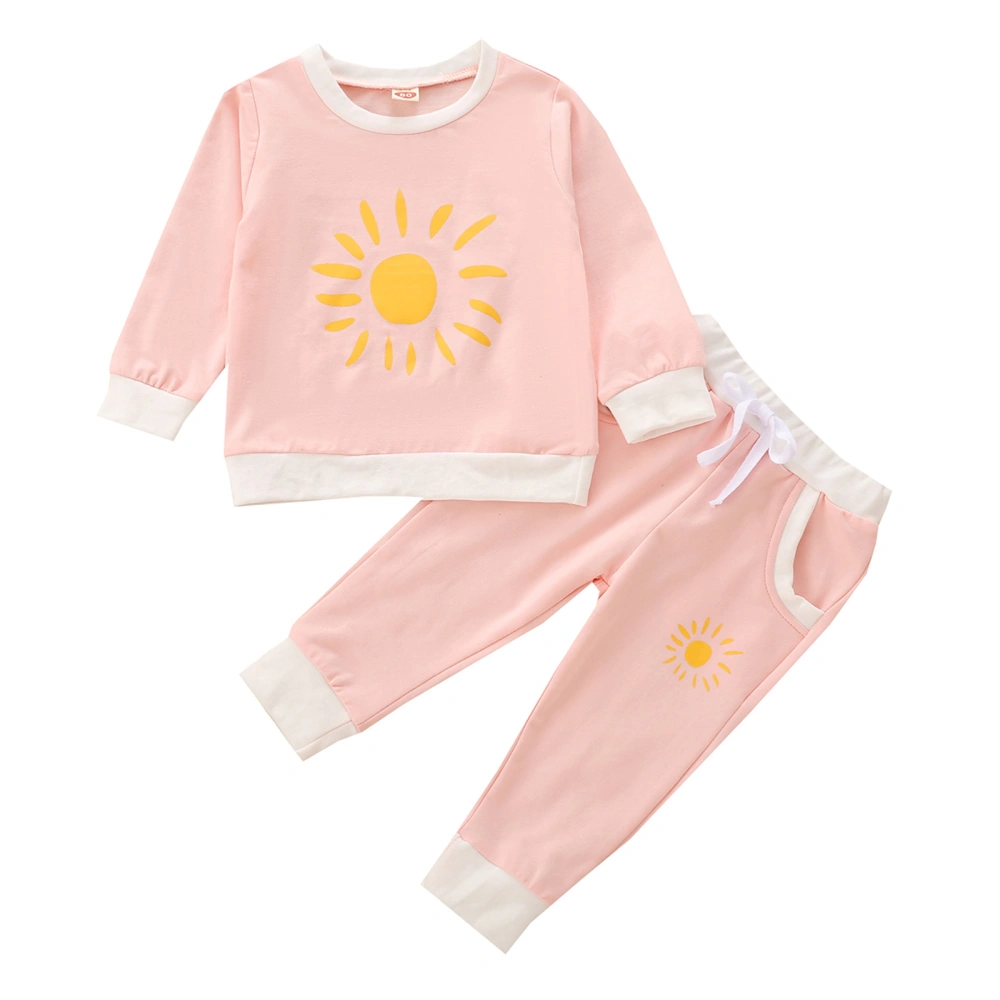 Kids Girl Tracksuit, Sun/Rainbow Round-Neck T-Shirt + Tied Pants