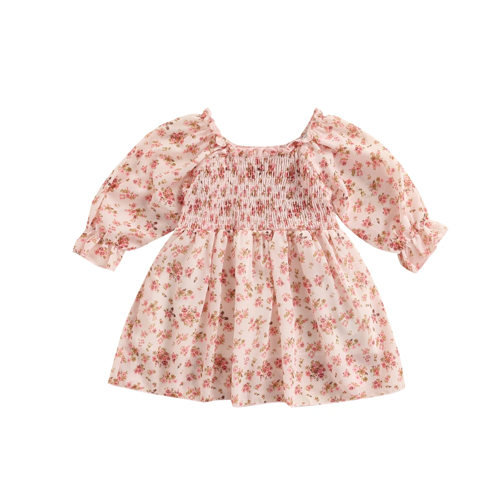 Baby Girl Long Sleeve Dress, Floral Print O-Neck Pleated Sweet Dress