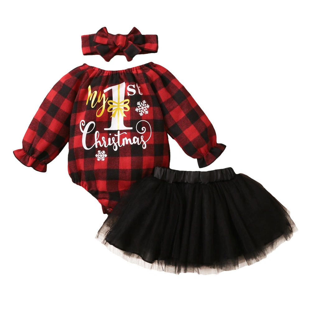 Girls Christmas Clothes Set, Long Sleeve Romper, Skirt and Headdress