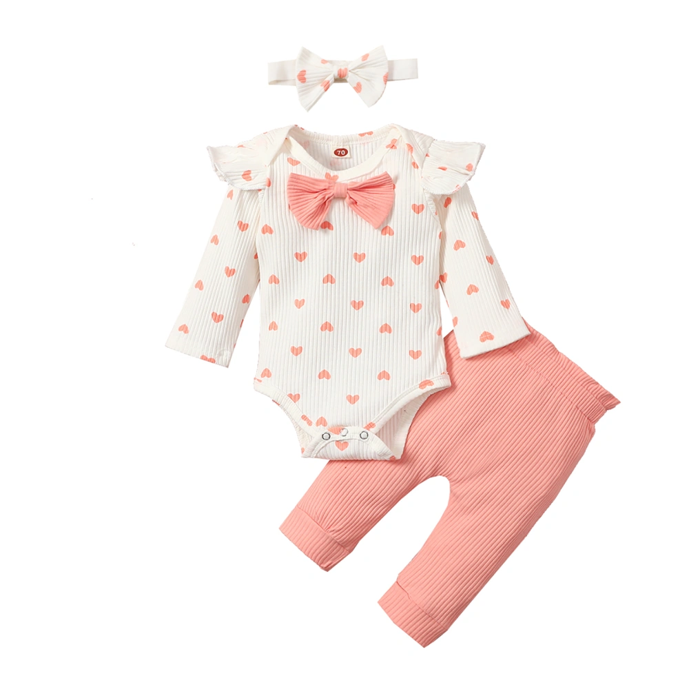 3Pcs Baby Outfits, Heart Print Long Sleeves Romper + Pants + Headband