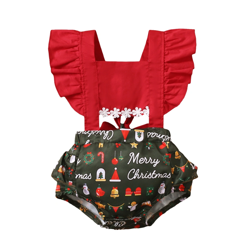 Baby Girls Christmas Romper, Cartoon Printed Splicing Frilly Jumpsuit