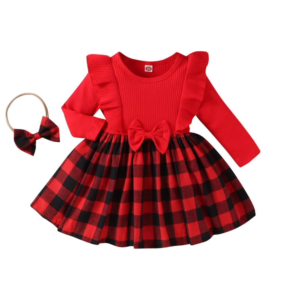 Kids Girls Dress Plaid Ruffles Long Sleeve Dress with Headband