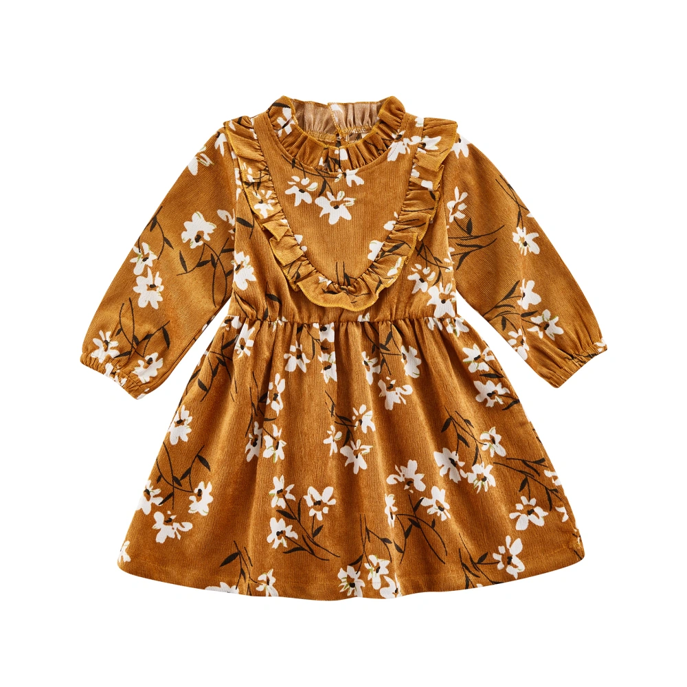 Toddler Girls Fall Dress, Long Sleeve Ruffle Floral Print Dress