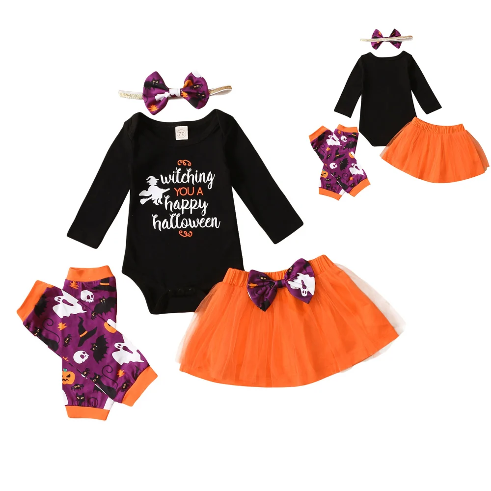 Girl’s Halloween Letter Romper Gauze Skirt and Headband & Leg Warmer