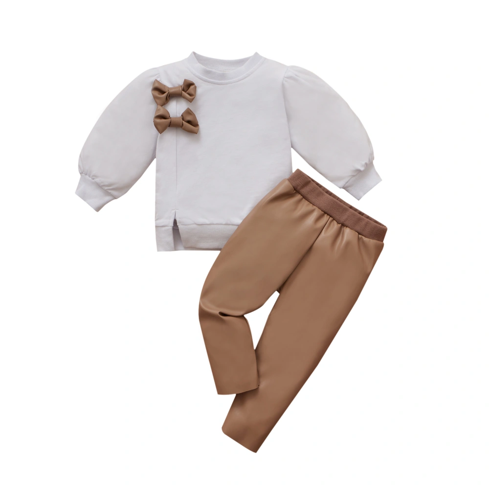 2Pcs Girls Tracksuit, Bows Long Sleeve Pullover + Leather Long Pants