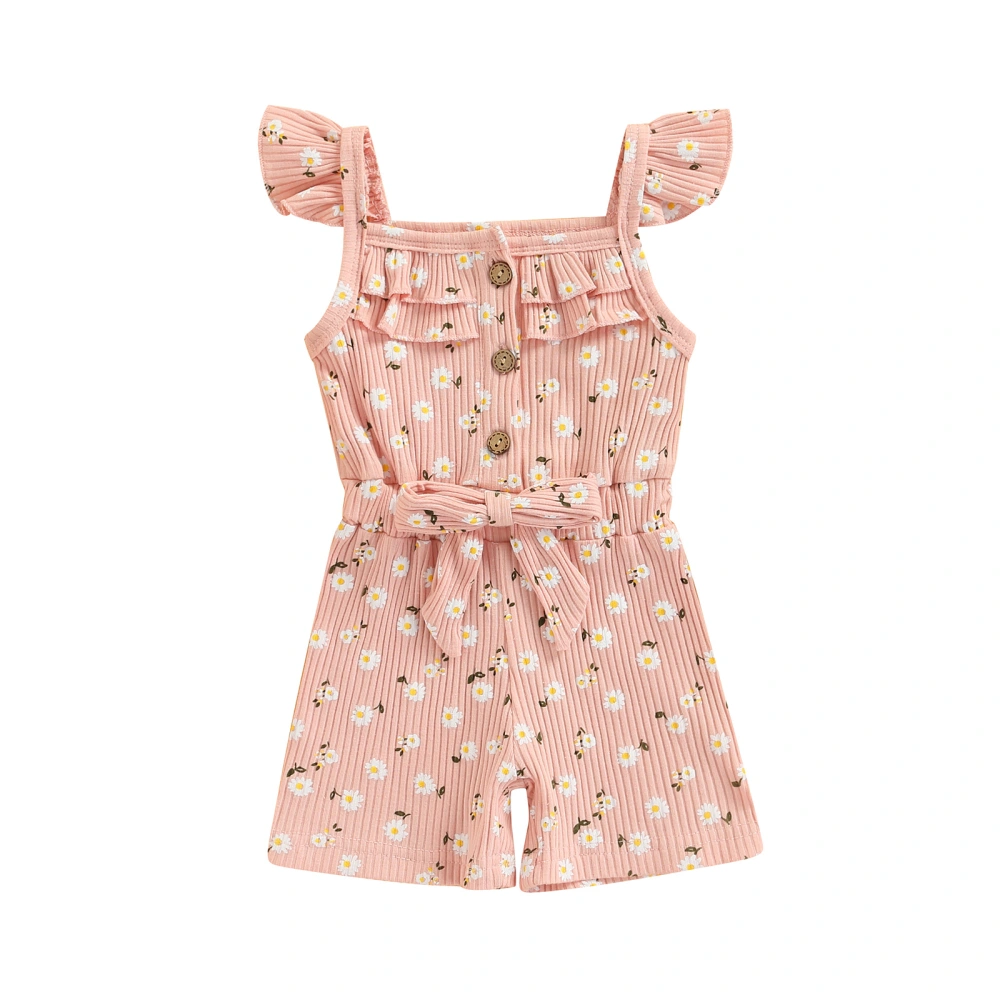 Toddler Kid Girls Playsuit Bowknot Ribbed Floral Printed Jumpsuit 