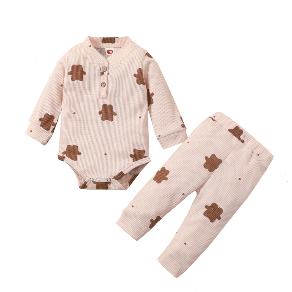 Waffle Outfits, Bear Print Long Sleeve Round Neck Playsuit + Trousers