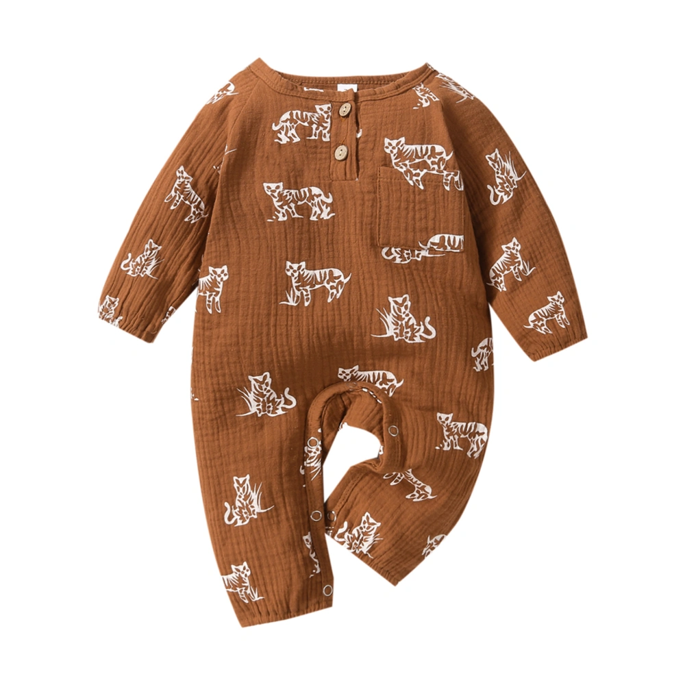 Baby’s Cartoon Tiger Printing Button Round Neck Long Sleeve Jumpsuit