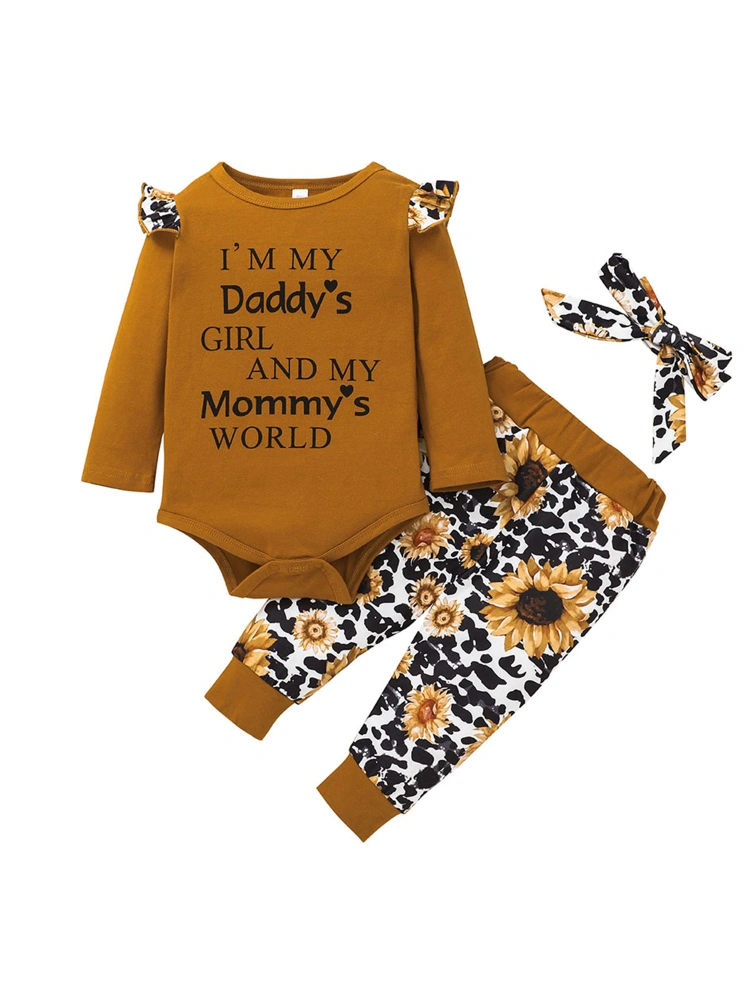 Baby Letter Print O-Neck Long Sleeve Romper+ Floral Trousers+ Hairband