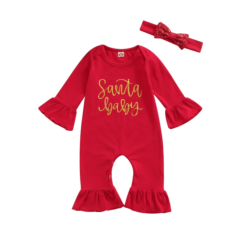 Baby Christmas Outfit, Letter Print Flare Sleeves Jumpsuit + Headband