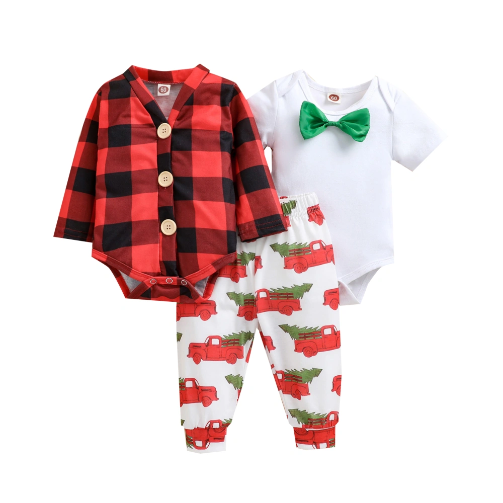 Boy’s Plaid Long Sleeve Romper, Bowtie Short Sleeve Romper and Pants