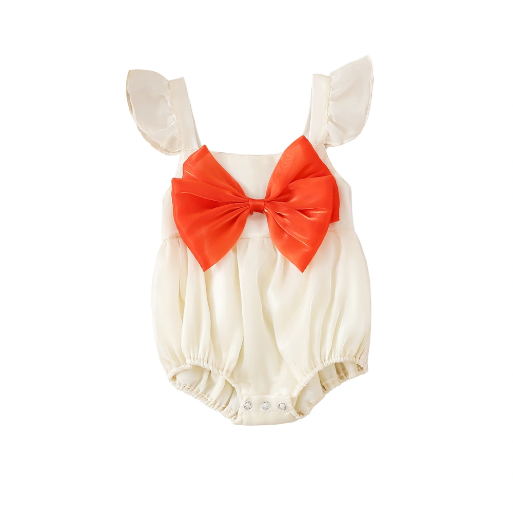 Girls Solid Color Flying Sleeve Playsuit with Red Bowknot Decor