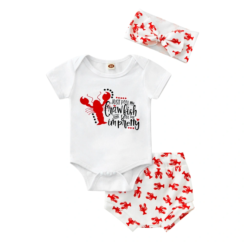 Baby Jumpsuit Set Letter Crayfish Print Romper + Shorts + Bow Hairband