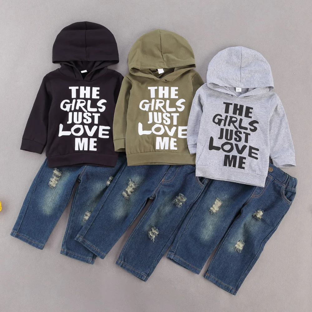 Letter Print Long Sleeve Hooded Sweatshirt + Ripped Jeans with Pockets