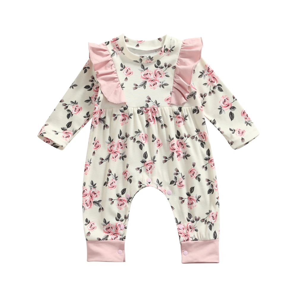 Baby Girl Floral Print Romper, Long Sleeve O-neck Jumpsuit with Ruffle