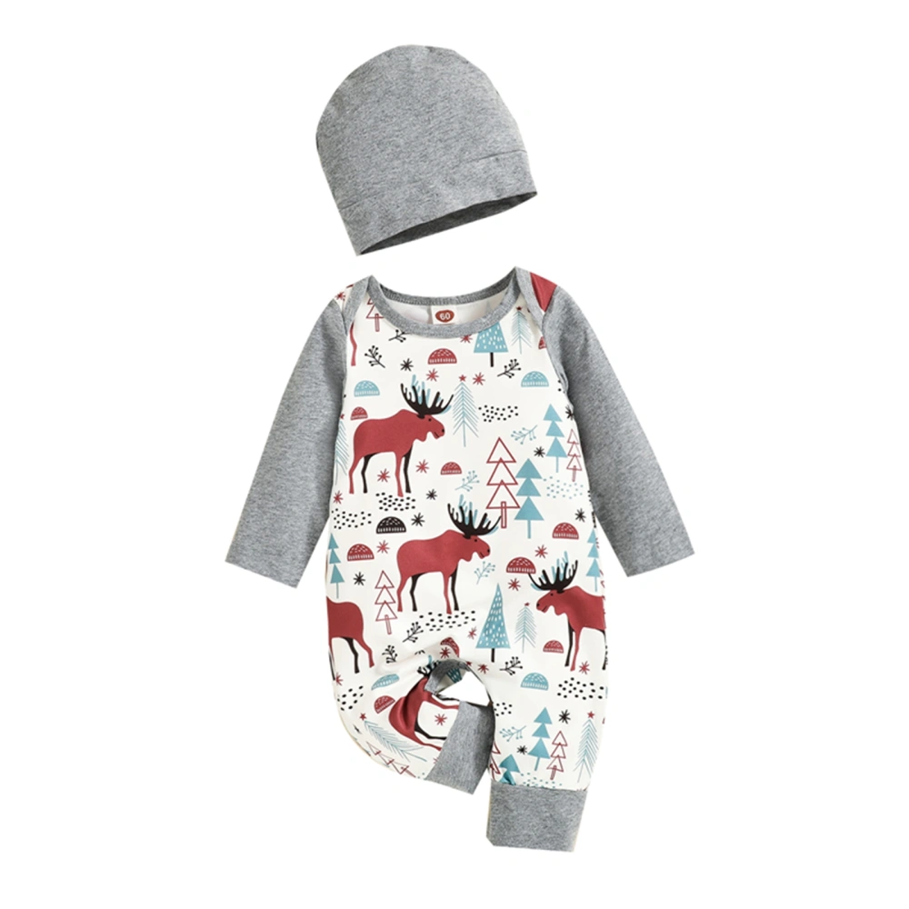 Baby Christmas Outfit, Splicing Long Sleeve Snaps Jumpsuit+ Beanie Hat