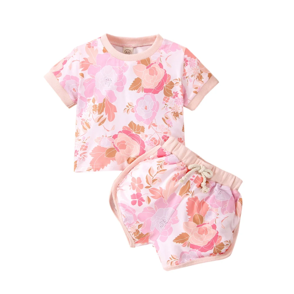 Kids Flower Print Round Neck Short Sleeve T-Shirt+ Short Pants