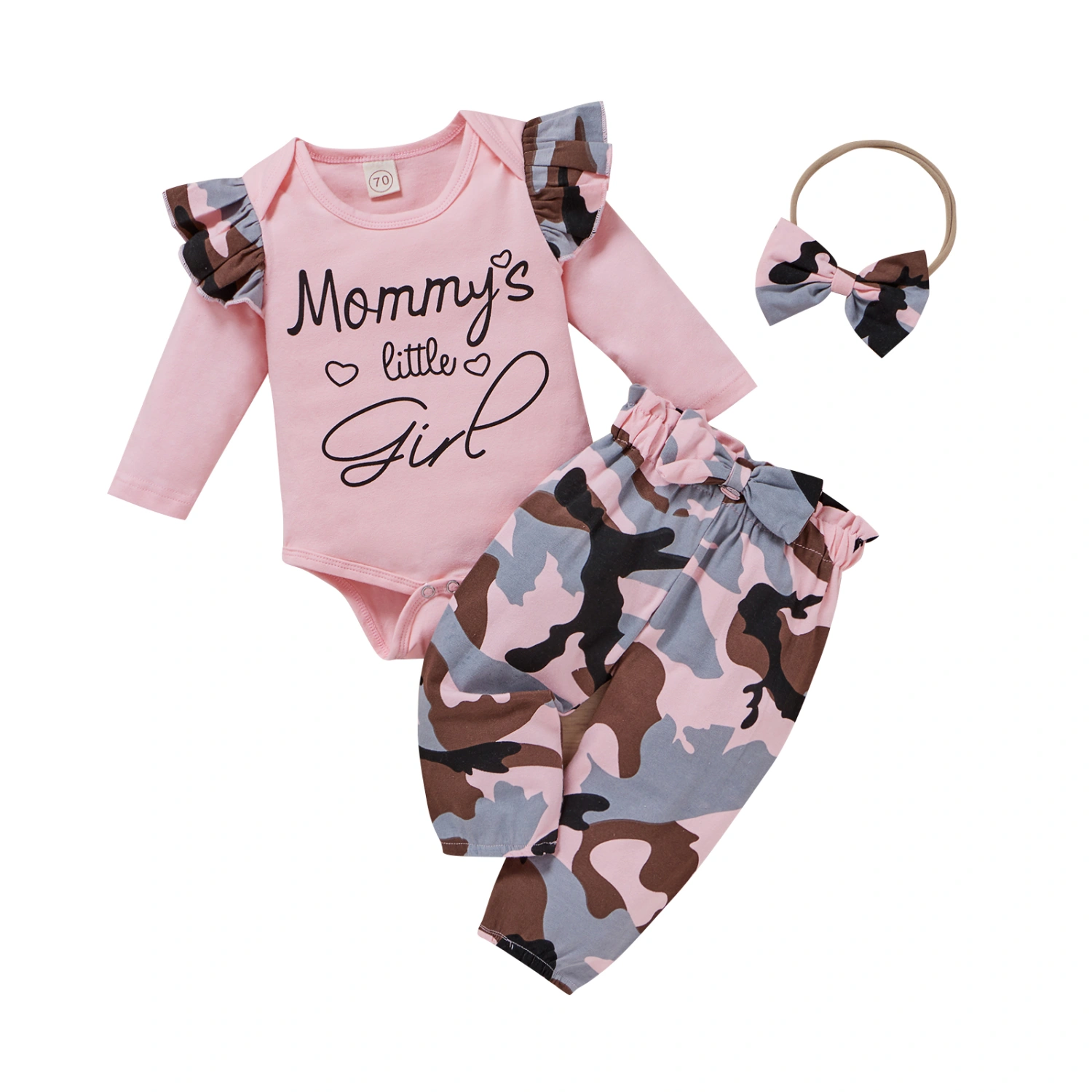 Baby Clothes Set, Letter Print Romper+Camouflage Pants+Headband